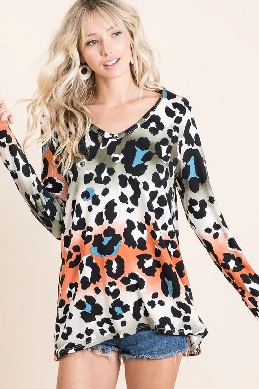 BiBi Gradation Leopard Print Soft Knit Deep U Neck Top - Love Salve